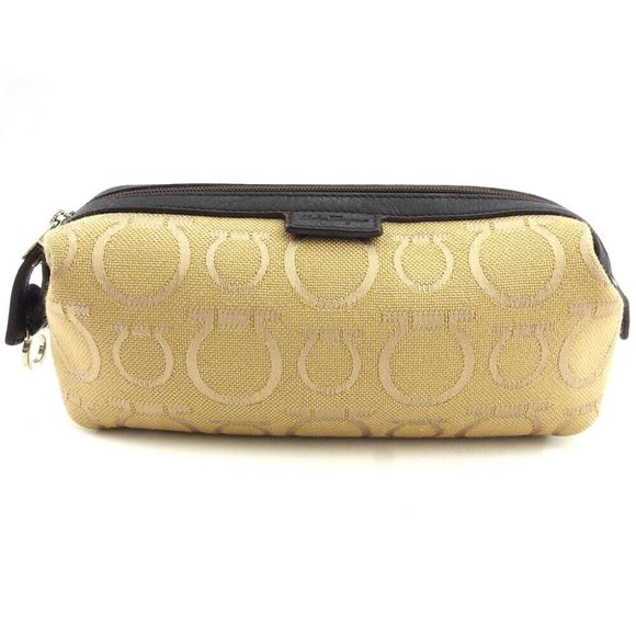 Salvatore Ferragamo pouch Ganchini beige canvas �~ leather Auth used T17575